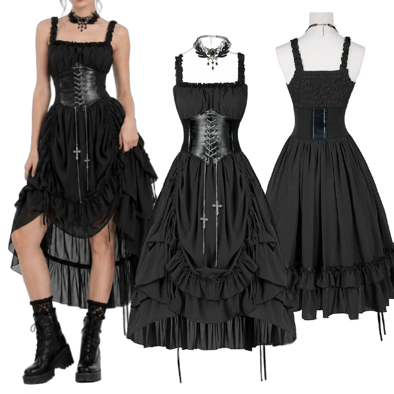 Vintage Slip Dress - Kadın Gotik Elbise Korse Kayma Siyah