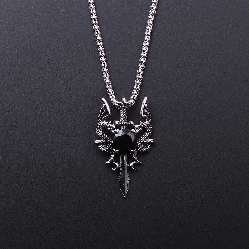 Vintage Fashion Necklace - Çift Ejderha Siyah Mücevher Çapraz Kolye